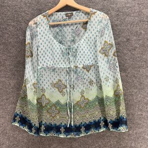 Surkana Blouse Women S Small Blue Geometric Long Sleeve Tasseled Round Neck